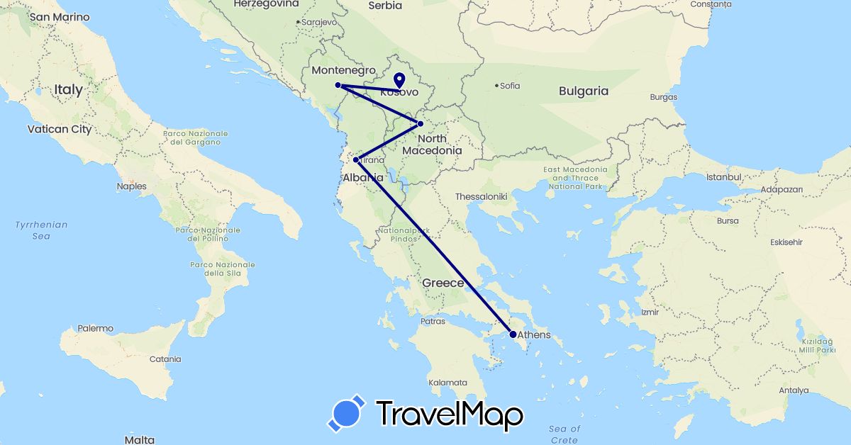 TravelMap itinerary: driving in Albania, Greece, Montenegro, Macedonia, Kosovo (Europe)